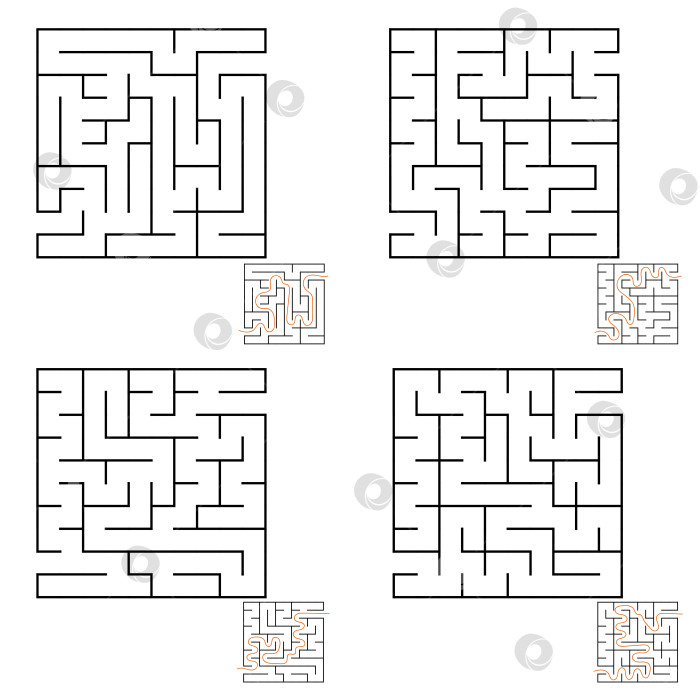 Скачать Абстрактный простой квадратный изолированный лабиринт. Четыре варианта. Черный цвет на белом фоне. Интересная игра для детей и взрослых. Простая плоская векторная иллюстрация. С ответом. фотосток Ozero