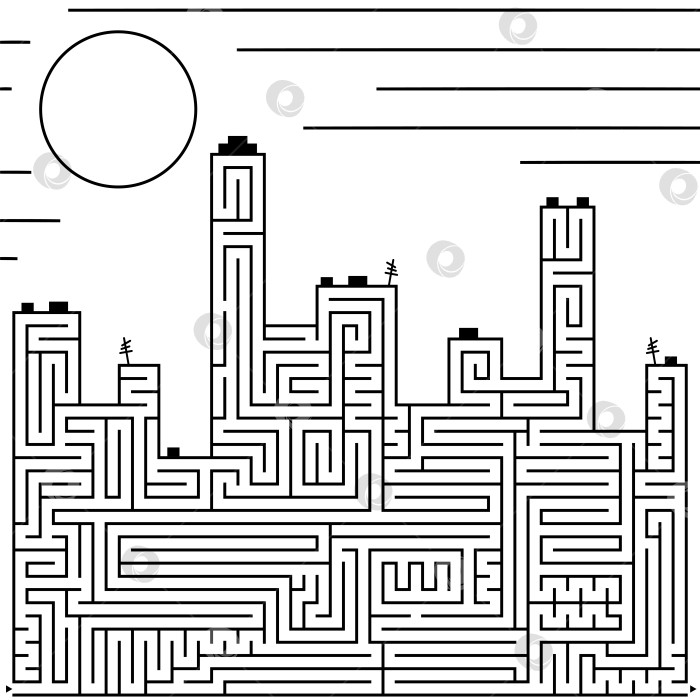 Скачать Абстрактный сложный большой изолированный лабиринт в форме городских зданий. Черный цвет на белом фоне. Интересная игра для детей. Простая плоская векторная иллюстрация. фотосток Ozero