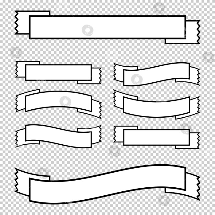 Скачать Набор белых изолированных баннерных лент с черной обводкой на прозрачном фоне. Простая плоская векторная иллюстрация. С пространством для текста. Подходит для инфографики, дизайна, рекламы, праздников, наклеек. фотосток Ozero