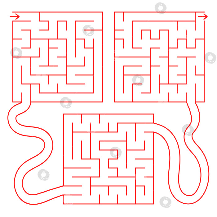 Скачать Абстрактный цветной сложный изолированный лабиринт из трех квадратов. Красный цвет на белом фоне. Интересная игра для детей. Простая плоская векторная иллюстрация. фотосток Ozero