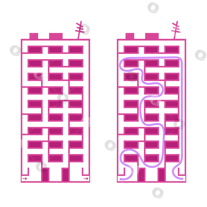 Скачать Абстрактный прямоугольный изолированный лабиринт в форме здания. Розовый цвет на белом фоне. Интересная игра для детей. Простая плоская векторная иллюстрация. С ответом. фотосток Ozero