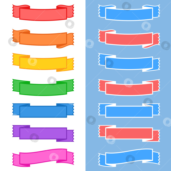 Скачать Набор цветных изолированных баннерных лент на белом и синем фоне. Простая плоская векторная иллюстрация. С пространством для текста. Подходит для инфографики, дизайна, рекламы, праздников, наклеек. фотосток Ozero