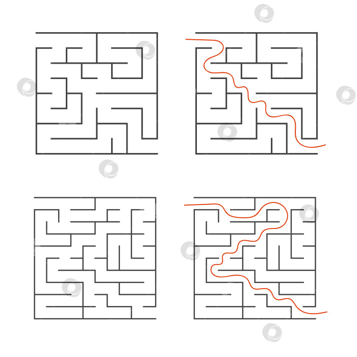 Скачать Набор простых квадратных лабиринтов. Интересная игра для детей. Простая плоская векторная иллюстрация, выделенная на белом фоне. С ответом. фотосток Ozero