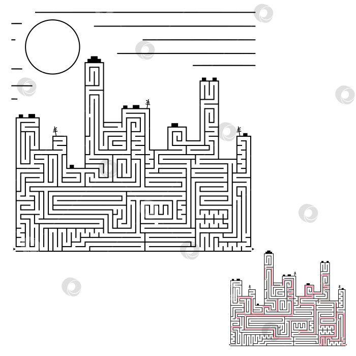 Скачать Абстрактный лабиринт. Силуэт города. Интересная игра для детей и взрослых. Простая плоская векторная иллюстрация, выделенная на белом фоне. фотосток Ozero