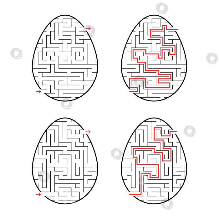 Скачать Набор лабиринтов в форме яиц. Черная обводка. Игра для детей. С ответом. Простая плоская векторная иллюстрация, выделенная на белом фоне. фотосток Ozero