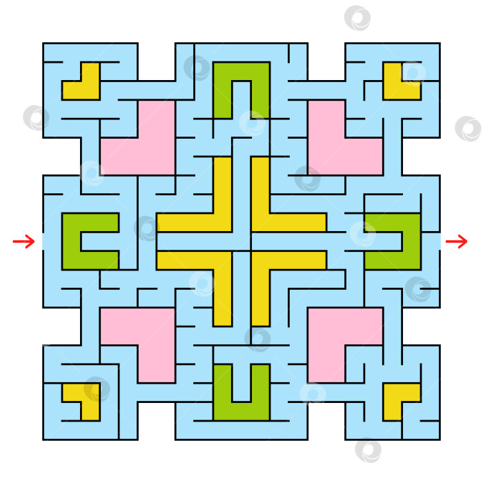 Скачать Красочный квадратный фантастический лабиринт с входом и выходом. Простая плоская векторная иллюстрация, выделенная на белом фоне. фотосток Ozero