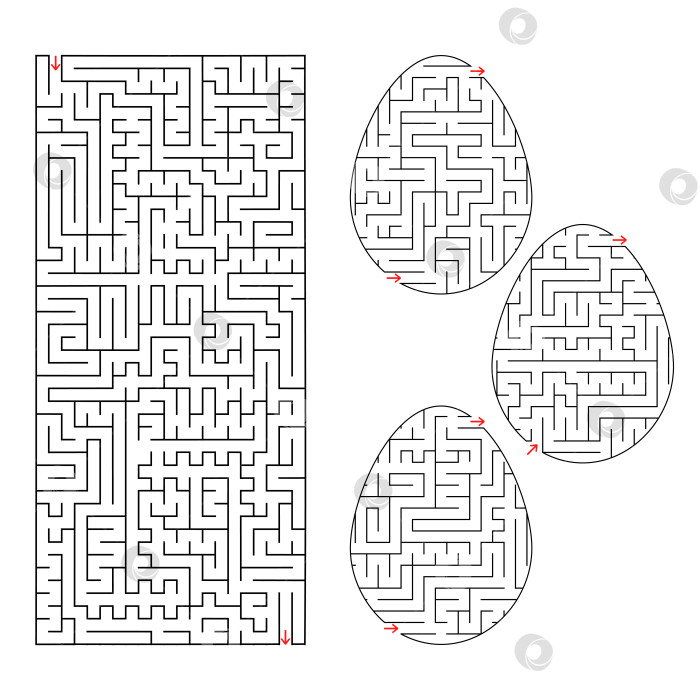 Скачать Набор лабиринтов в виде яиц прямоугольной формы. Черная обводка. Игра для детей. Простая плоская векторная иллюстрация, выделенная на белом фоне. фотосток Ozero