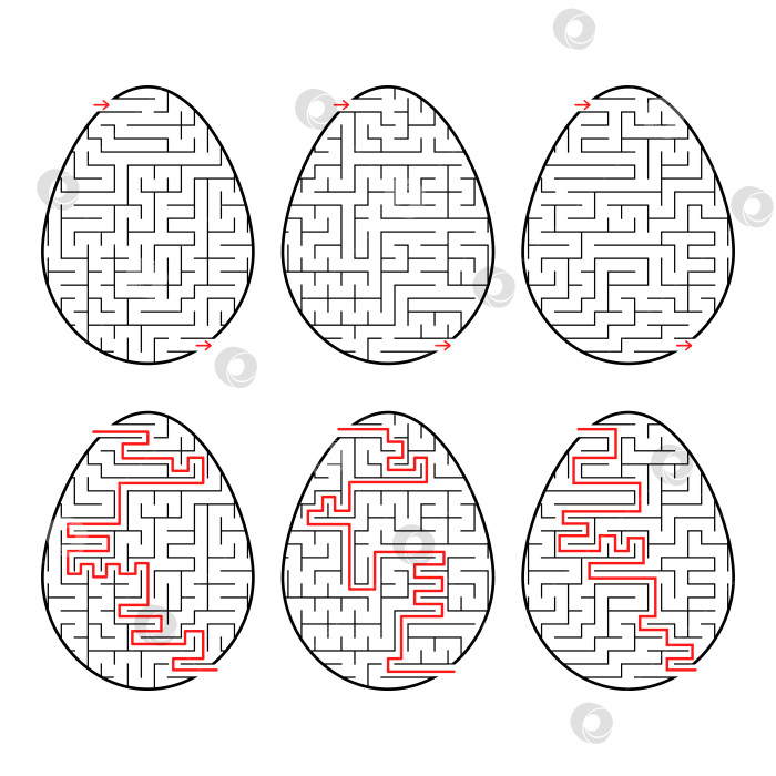 Скачать Набор лабиринтов в форме яиц. Черная обводка. Игра для детей. С ответом. Простая плоская векторная иллюстрация, выделенная на белом фоне. фотосток Ozero