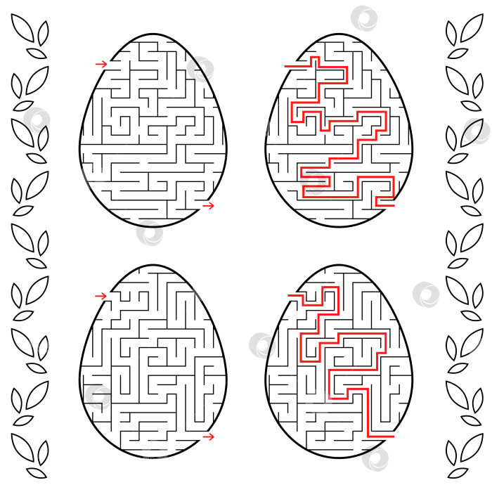 Скачать Набор лабиринтов в форме яиц. Черная обводка. Игра для детей. С ответом. Простая плоская векторная иллюстрация, выделенная на белом фоне. фотосток Ozero
