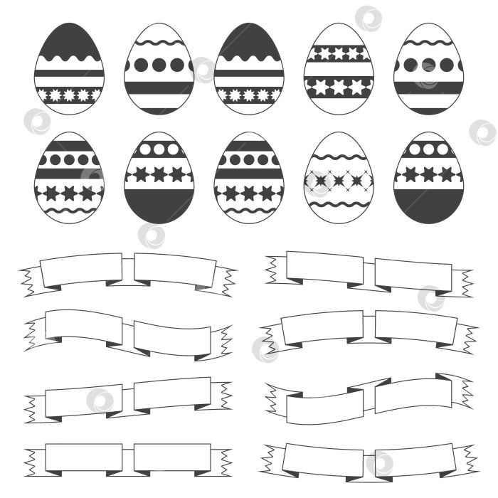 Скачать Набор силуэтов изолированных пасхальных яиц с черной обводкой на белом фоне. Простая плоская векторная иллюстрация. Подходит для оформления открыток, рекламы, журналов, веб-сайтов. фотосток Ozero