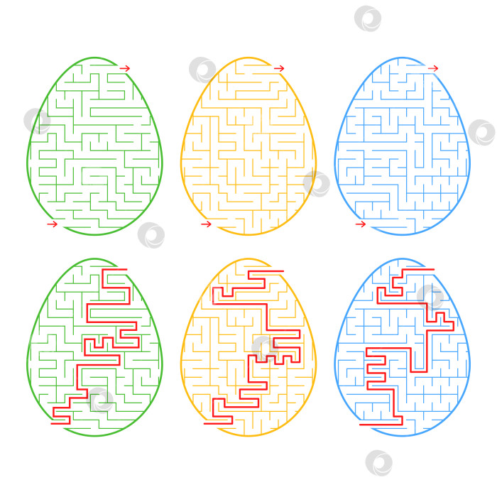 Скачать Набор лабиринтов в форме яиц. Разноцветный штрих. Игра для детей. С ответом. Простая плоская векторная иллюстрация, выделенная на белом фоне. фотосток Ozero