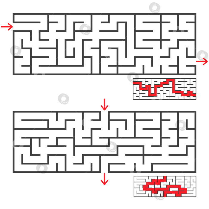 Скачать Набор из двух прямоугольных лабиринтов с входом и выходом. Простая плоская векторная иллюстрация, выделенная на белом фоне. С правильным ответом. фотосток Ozero
