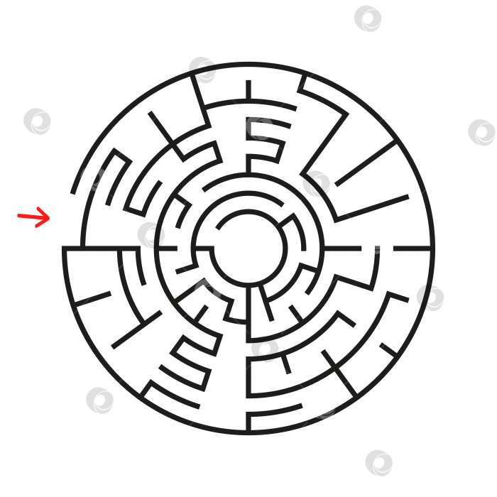 Скачать Круглый лабиринт. С входом и выходом. Интересная игра для детей и взрослых. Простая плоская векторная иллюстрация, выделенная на белом фоне. фотосток Ozero