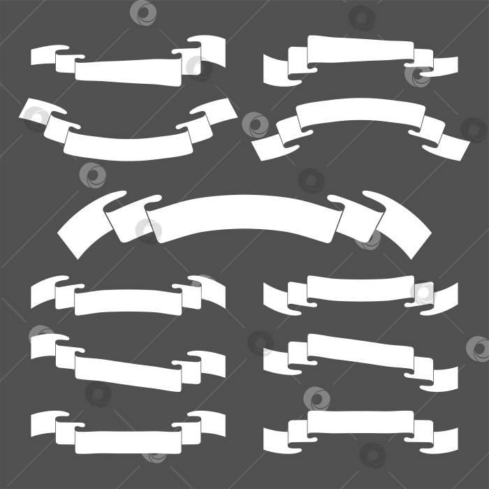 Скачать Набор белых силуэтов ленточных баннеров. С пространством для текста. Простая плоская векторная иллюстрация, выделенная на черном фоне. Подходит для инфографики, дизайна, рекламы, праздников, наклеек. фотосток Ozero