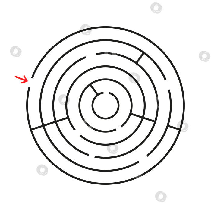 Скачать Круглый лабиринт. С входом и выходом. Интересная игра для детей и взрослых. Простая плоская векторная иллюстрация, выделенная на белом фоне. фотосток Ozero