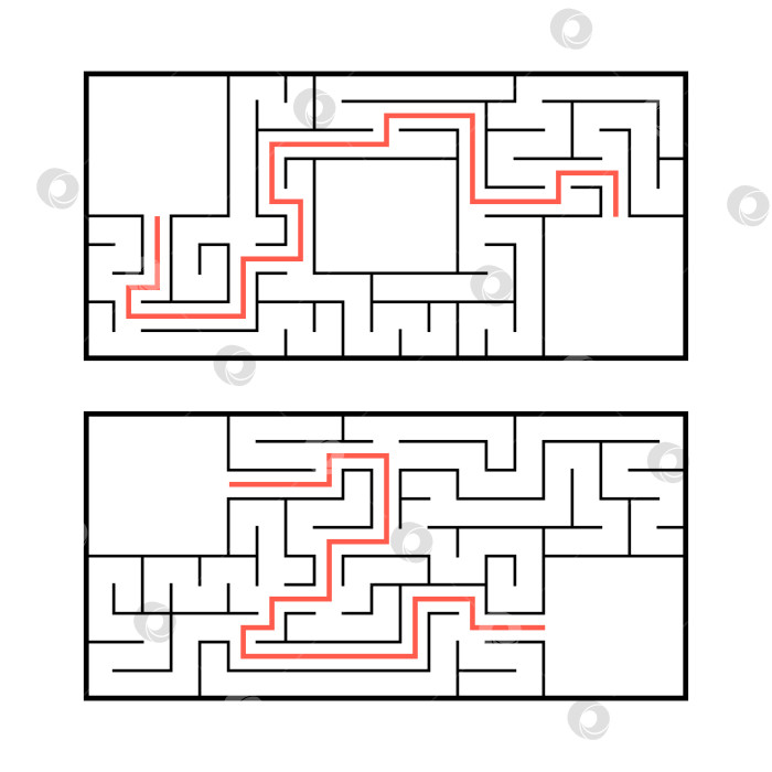 Скачать Набор из двух прямоугольных лабиринтов. Простая плоская векторная иллюстрация, выделенная на белом фоне. С ответом. фотосток Ozero