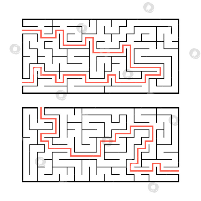 Скачать Набор из двух прямоугольных лабиринтов. Простая плоская векторная иллюстрация, выделенная на белом фоне. С ответом. фотосток Ozero