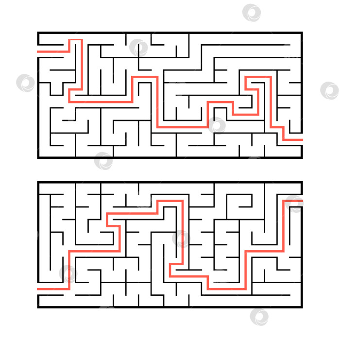 Скачать Набор из двух прямоугольных лабиринтов. Простая плоская векторная иллюстрация, выделенная на белом фоне. С ответом. фотосток Ozero