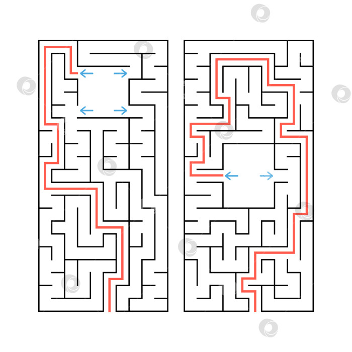Скачать Набор из двух прямоугольных лабиринтов. Простая плоская векторная иллюстрация, выделенная на белом фоне. С ответом. фотосток Ozero