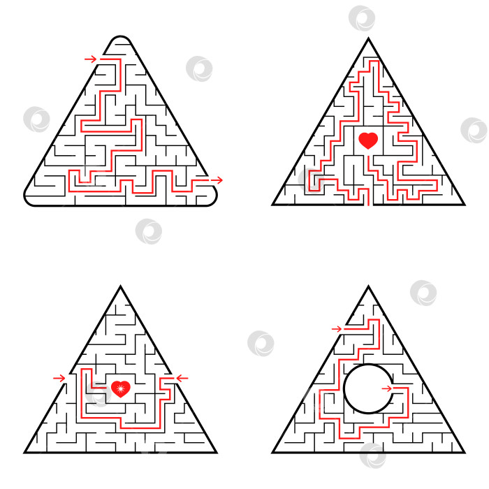 Скачать Треугольный лабиринт. Набор из четырех вариантов. Простая плоская векторная иллюстрация, выделенная на белом фоне. С ответом. фотосток Ozero