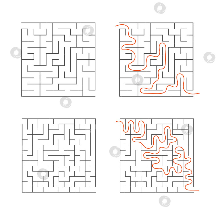 Скачать Набор простых квадратных лабиринтов. Интересная игра для детей. Простая плоская векторная иллюстрация, выделенная на белом фоне. С ответом. фотосток Ozero