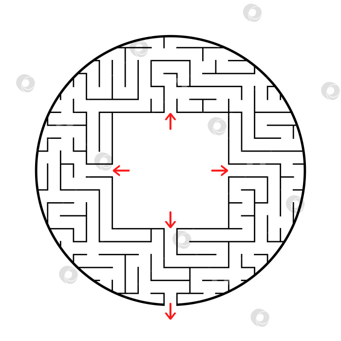Скачать Круглый лабиринт с четырьмя входами и одним выходом. Простая плоская векторная иллюстрация, выделенная на белом фоне. С местом для ваших рисунков фотосток Ozero