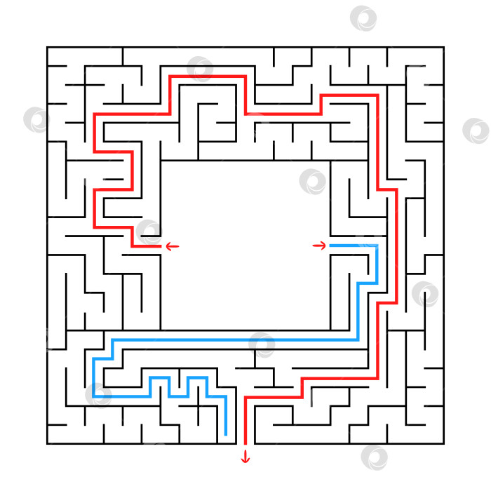 Скачать Квадратный лабиринт. Найдите правильный путь из центра лабиринта. Простая плоская векторная иллюстрация. С местом для вашего изображения. С ответом. фотосток Ozero