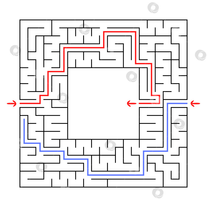 Скачать Квадратный лабиринт. Найдите правильный путь к центру лабиринта. Простая плоская векторная иллюстрация, выделенная на белом фоне. С местом для ваших рисунков. С ответом. фотосток Ozero