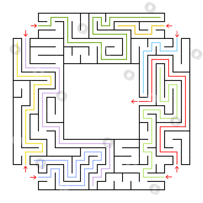 Скачать Квадратный лабиринт. Выберите правильный путь, чтобы попасть в центр лабиринта. Простая плоская векторная изолированная иллюстрация. С местом для ваших рисунков. С ответом. фотосток Ozero
