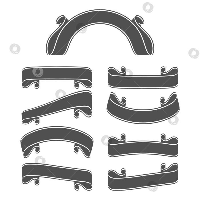 Скачать Набор черных силуэтов лент баннеров. С пространством для текста. Простая плоская векторная иллюстрация, выделенная на белом фоне. Подходит для инфографики, дизайна, рекламы, праздников, наклеек. фотосток Ozero