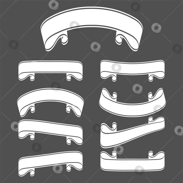 Скачать Набор белых силуэтов ленточных баннеров. С пространством для текста. Простая плоская векторная иллюстрация, выделенная на черном фоне. Подходит для инфографики, дизайна, рекламы, праздников, наклеек. фотосток Ozero