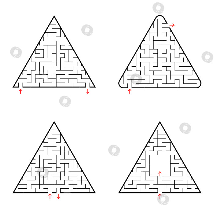 Скачать Треугольный лабиринт. Набор из четырех вариантов. Простая плоская векторная иллюстрация, выделенная на белом фоне. фотосток Ozero