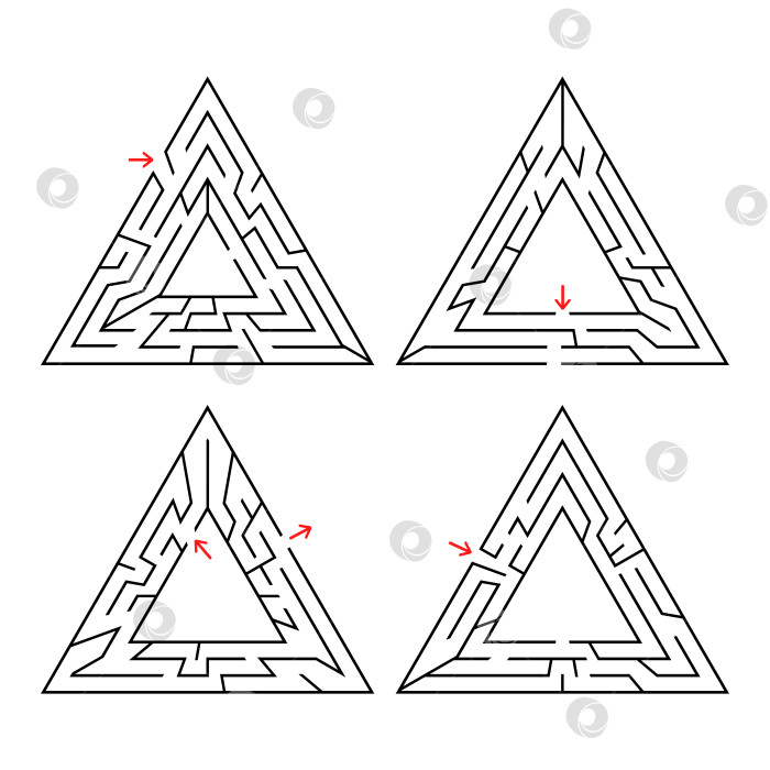 Скачать Треугольный лабиринт с входом и выходом. Набор из четырех лабиринтов. Простая плоская векторная иллюстрация, выделенная на белом фоне. С местом для ваших рисунков фотосток Ozero
