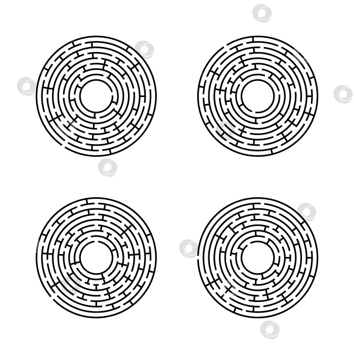 Скачать Абстрактный круглый лабиринт. Набор из четырех лабиринтов. Обучающая игра для детей и взрослых. Простая плоская векторная иллюстрация, выделенная на белом фоне. фотосток Ozero