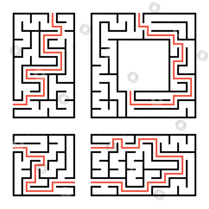 Скачать Набор квадратных и прямоугольных лабиринтов с входом и выходом. Простая плоская векторная иллюстрация, выделенная на белом фоне. С ответом. фотосток Ozero