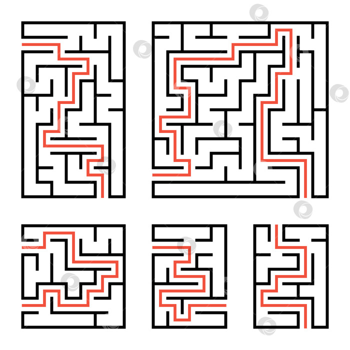 Скачать Набор квадратных и прямоугольных лабиринтов с входом и выходом. Простая плоская векторная иллюстрация, выделенная на белом фоне. С ответом. фотосток Ozero