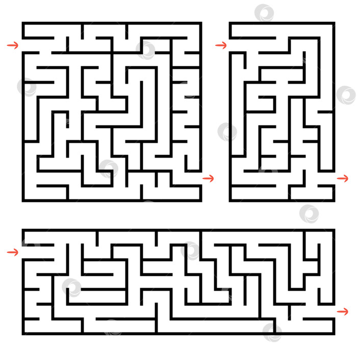 Скачать Набор квадратных и прямоугольных лабиринтов с входом и выходом. Простая плоская векторная иллюстрация, выделенная на белом фоне. фотосток Ozero