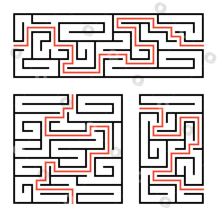 Скачать Набор квадратных и прямоугольных лабиринтов с входом и выходом. Простая плоская векторная иллюстрация, выделенная на белом фоне. С ответом. фотосток Ozero