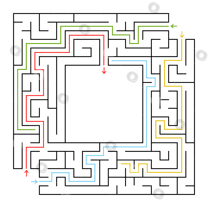 Скачать Квадратный лабиринт. Выберите правильный путь, чтобы попасть в центр лабиринта. Простая плоская векторная изолированная иллюстрация. С местом для ваших рисунков. С ответом. фотосток Ozero