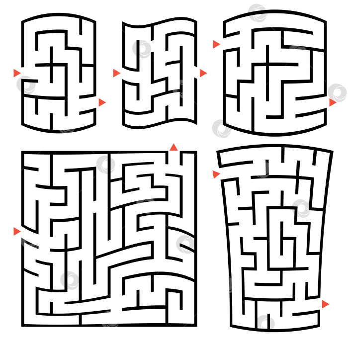 Скачать Набор квадратных и прямоугольных лабиринтов с входом и выходом. Простая плоская векторная иллюстрация, выделенная на белом фоне. фотосток Ozero