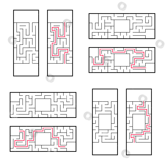 Скачать Набор прямоугольных лабиринтов для детей. Игра-головоломка. Простая плоская векторная иллюстрация, выделенная на белом фоне. С правильным ответом. фотосток Ozero