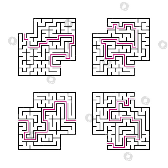 Скачать Набор черных квадратных лабиринтов для детей. Простая плоская векторная иллюстрация, выделенная на белом фоне. С ответом. С местом для ваших изображений. фотосток Ozero