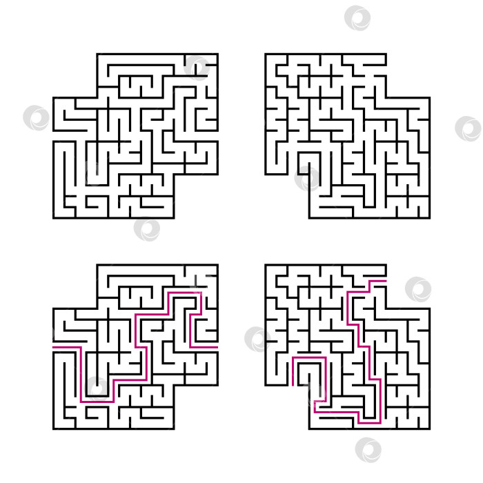Скачать Набор черных квадратных лабиринтов для детей. Простая плоская векторная иллюстрация, выделенная на белом фоне. С ответом. С местом для ваших изображений. фотосток Ozero
