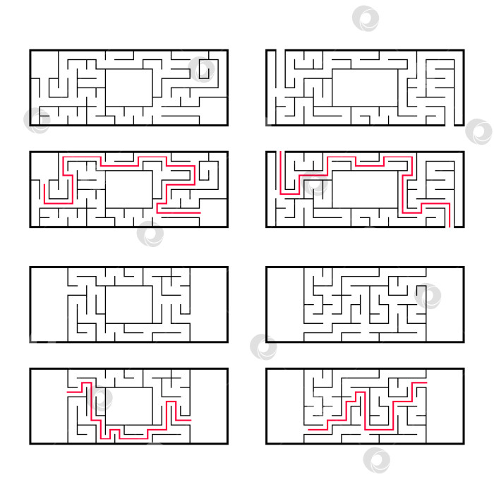Скачать Набор прямоугольных лабиринтов для детей. Игра-головоломка. Простая плоская векторная иллюстрация, выделенная на белом фоне. С правильным ответом. фотосток Ozero