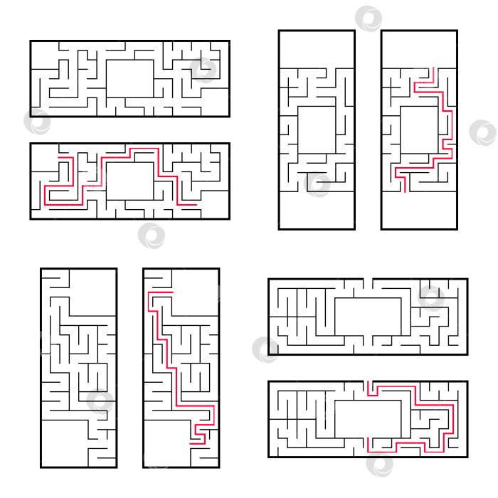 Скачать Набор прямоугольных лабиринтов для детей. Игра-головоломка. Простая плоская векторная иллюстрация, выделенная на белом фоне. С правильным ответом. фотосток Ozero