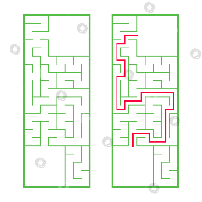 Скачать Прямоугольный лабиринт, maze. Интересная и полезная игра для дошкольников. Простая игра-головоломка. Простая плоская векторная иллюстрация, выделенная на белом фоне. При правильном решении. фотосток Ozero