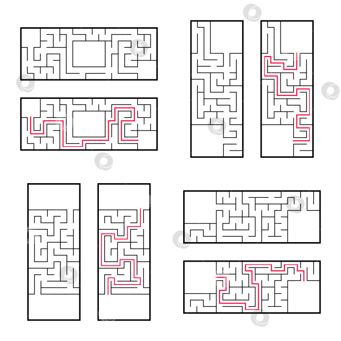 Скачать Набор прямоугольных лабиринтов для детей. Игра-головоломка. Простая плоская векторная иллюстрация, выделенная на белом фоне. С правильным ответом. фотосток Ozero