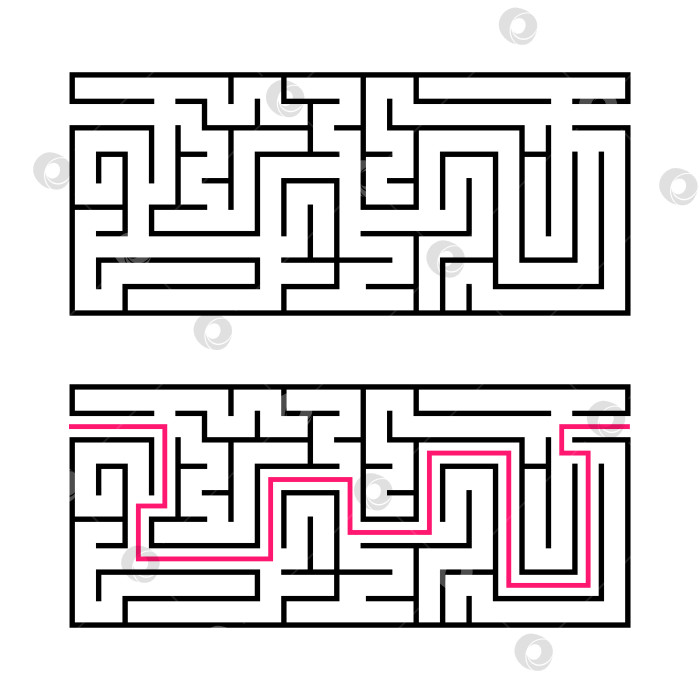 Скачать Прямоугольный лабиринт с черной обводкой. Игра для детей. Простая плоская векторная иллюстрация, выделенная на белом фоне. С ответом. фотосток Ozero