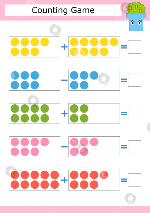 Скачать Счетная игра для детей дошкольного возраста. Изучение математики. Сложение и вычитание. Цветные круги. С местом для ответов. Простая плоская изолированная векторная иллюстрация. фотосток Ozero