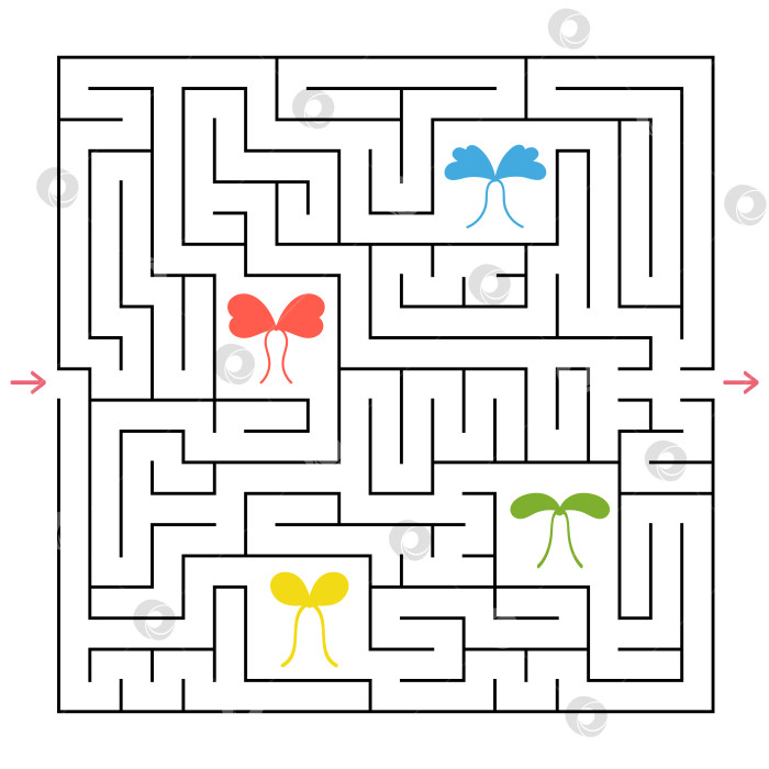 Скачать Квадратный лабиринт. Собери все разноцветные бантики и найди выход из лабиринта. Интересная игра для детей. Простая плоская векторная иллюстрация. фотосток Ozero